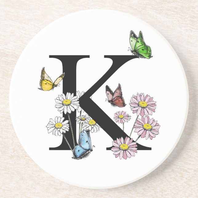 Letter K Floral Watercolor Butterfly Monogram Coaster (Front)