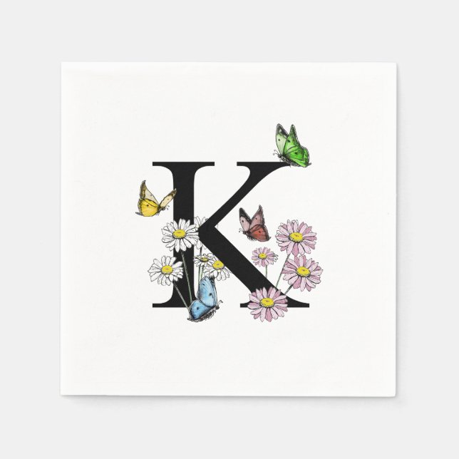 Letter K Floral Watercolor Butterfly Monogram Napkin (Front)