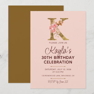 Letter K Gold Monogram Blush Pink Roses Invitation