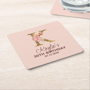 Letter K Gold Monogram Blush Pink Roses Square Paper Coaster