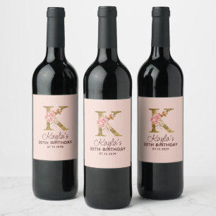 Letter K Gold Monogram Blush Pink Roses Wine Label