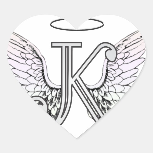 Letter K Initial Monogram with Angel Wings & Halo Heart Sticker (Front)