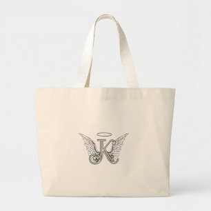 Letter K Initial Monogram with Angel Wings & Halo Large Tote Bag