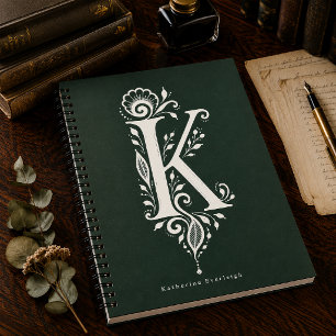 Letter K Linocut Botanical Monogram Notebook