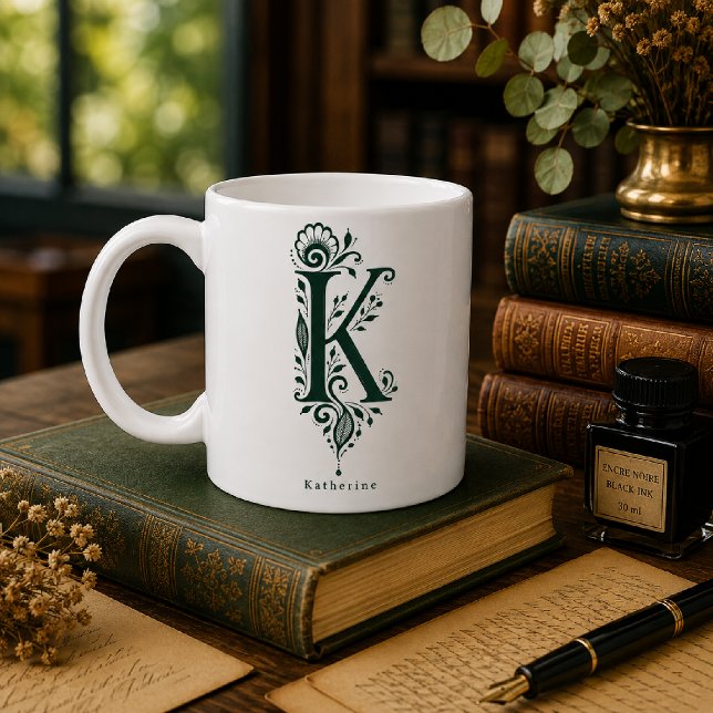 Letter K Linocut Botanical Personalised Mug (Creator Uploaded)