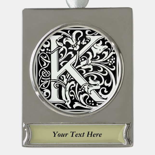 Letter K Mediaeval Monogram Art Nouveau Silver Plated Banner Ornament (Front)