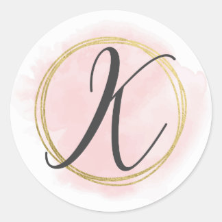 Letter K Monogram Blush Pink Watercolor Gold Chic Classic Round Sticker