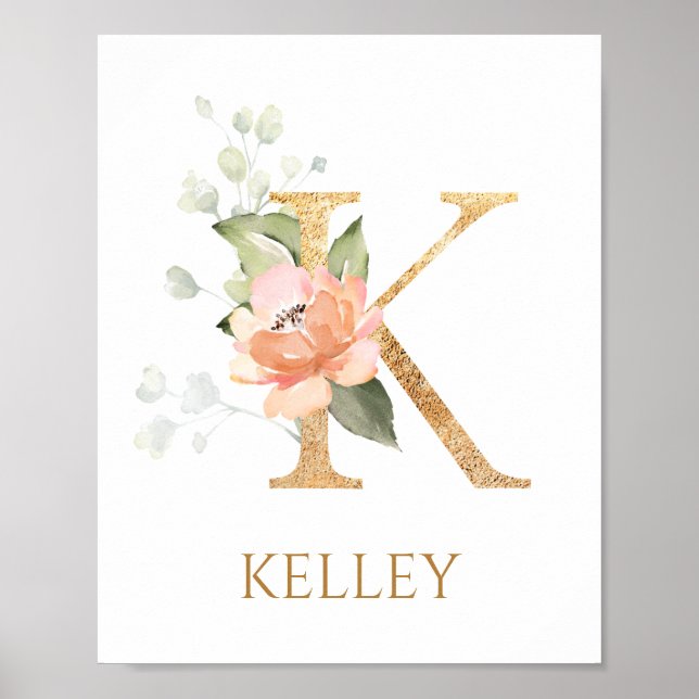 Letter K Monogram Pink Peach rose Nursery Poster (Front)