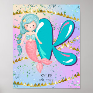 Letter K Monogram Watercolor Cute Mermaid Nursery Poster