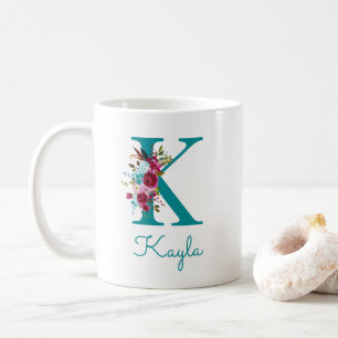 Letter K Teal Pink Floral Coffee Mug