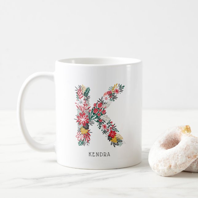 Letter K | Whimsical Floral Letter Monogram I Mug (With Donut)