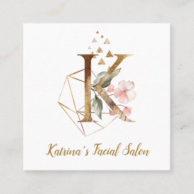Letter K with Gold Geometric Design and Flowers Square Business Card (Front)