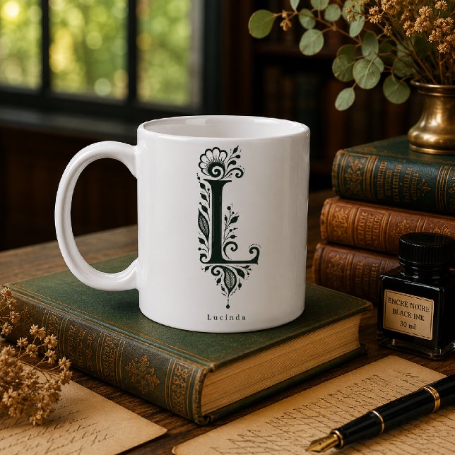 Letter L Linocut Botanical Personalised Mug (Creator Uploaded)