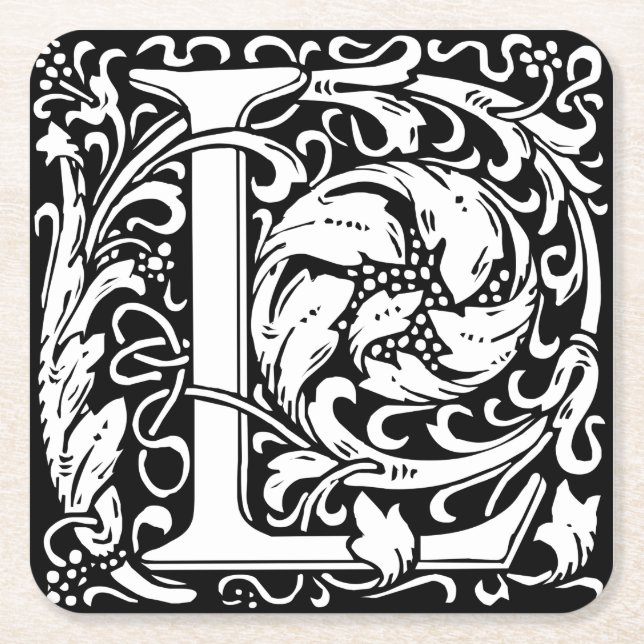 Letter L Mediaeval Monogram Art Nouveau Square Paper Coaster (Front)