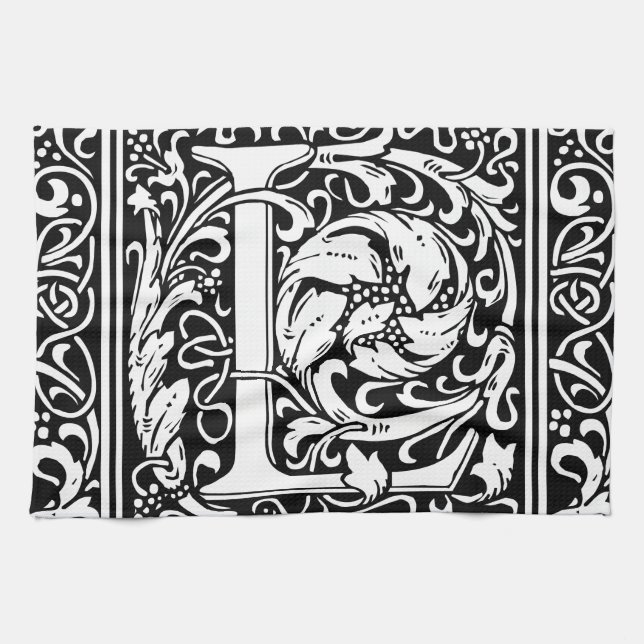 Letter L Mediaeval Monogram Art Nouveau Tea Towel (Horizontal)