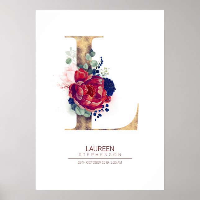 Letter L Monogram Floral Navy Blue and Burgundy Poster (Front)