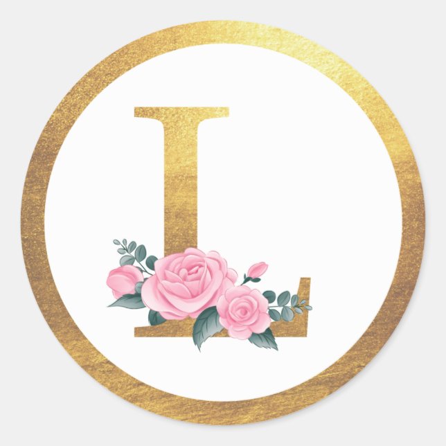 Letter L Monogram Pink Roses Floral & Elegant Gold Classic Round Sticker (Front)