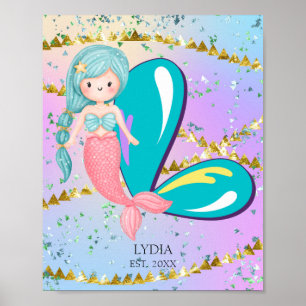 Letter L Monogram Watercolor Cute Mermaid Nursery Poster