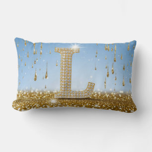 Letter L on Gold Glitter Background With Sparkling Lumbar Cushion