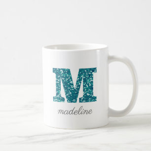 Letter M Aqua Blue Glitter Personalised Mug