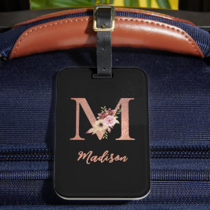 Letter M Blush pink Glitter Floral Monogram Luggage Tag