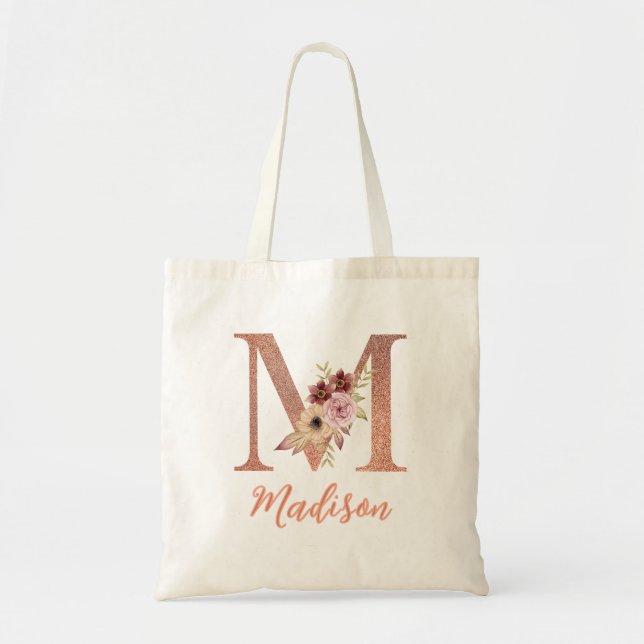 Letter M Blush pink Glitter Floral Monogram  Tote Bag (Front)