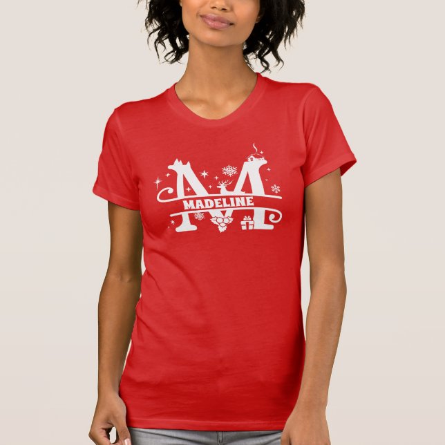 Letter M Christmas Monogram Initial Name Red  T-Shirt (Front)