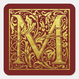 Letter M First Letter Faux Gold Red Square Sticker