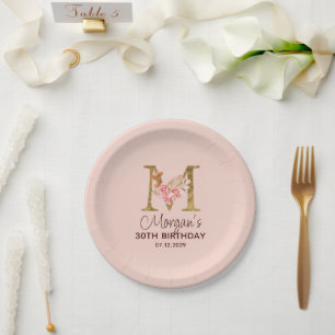 Letter M Gold Monogram Blush Pink Roses Paper Plate