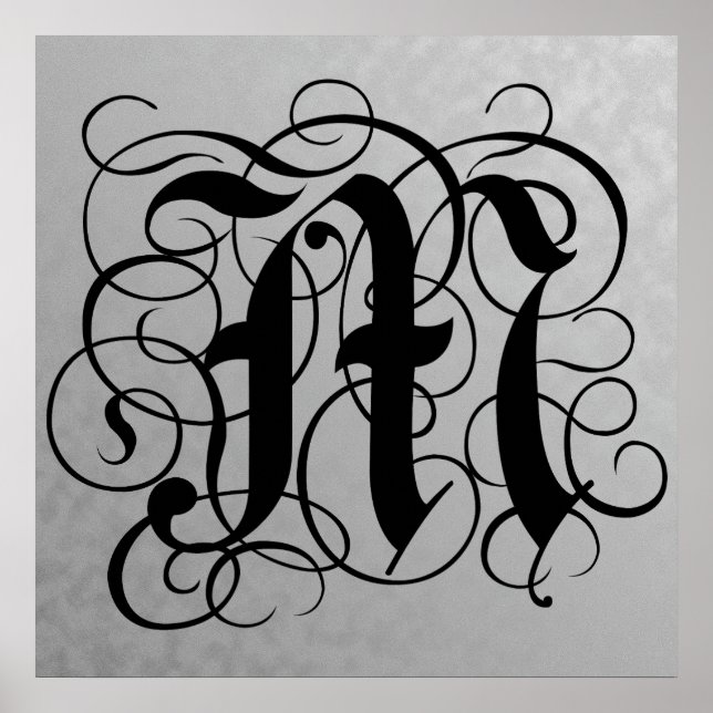 Letter M, Gothic Monogram Black Poster (Front)