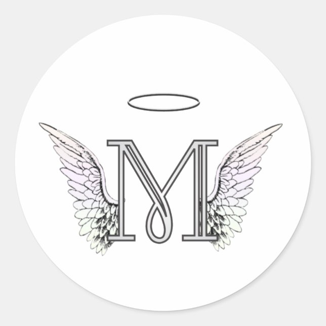 Letter M Initial Monogram with Angel Wings & Halo Classic Round Sticker (Front)