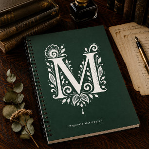 Letter M Linocut Botanical Monogram Notebook