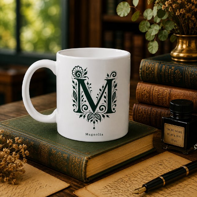 Letter M Linocut Botanical Personalised Mug (Creator Uploaded)