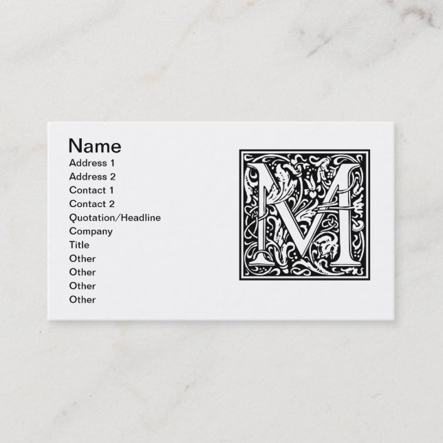 Letter M Mediaeval Monogram Art Nouveau Business Card (Front)