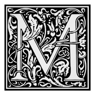 Letter M Mediaeval Monogram Art Nouveau Poster