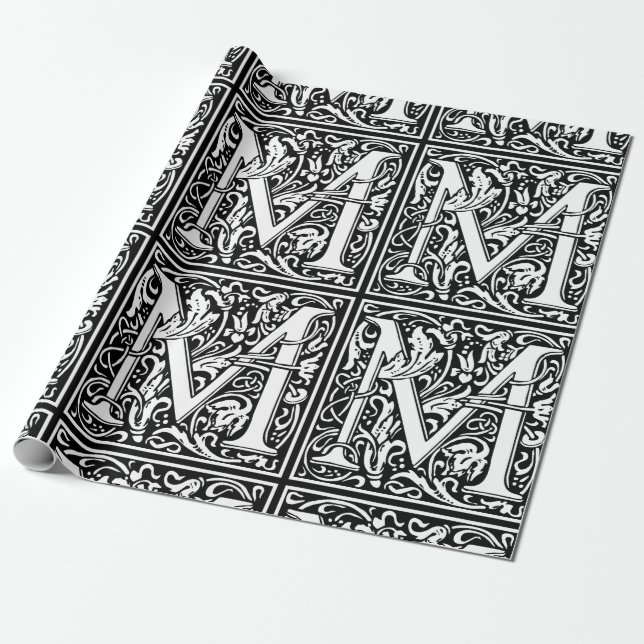 Letter M Mediaeval Monogram Art Nouveau Wrapping Paper (Unrolled)