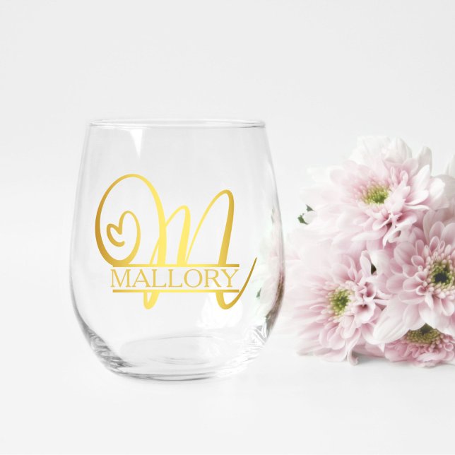 Letter M Monogram Bridesmaid Gift, Modern Elegant Stemless Wine Glass (stemless wine glass for a bridesmaid gift that has a gold split M monogram and customized with name)