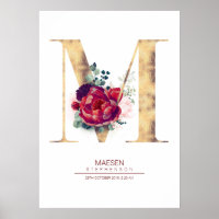 Letter M Monogram Floral Burgundy Red and Gold