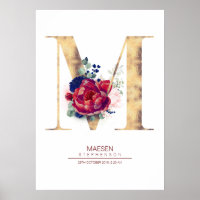 Letter M Monogram Floral Navy Blue and Burgundy
