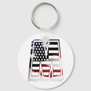 Letter M Monogram Initial Patriotic USA Flag Key Ring