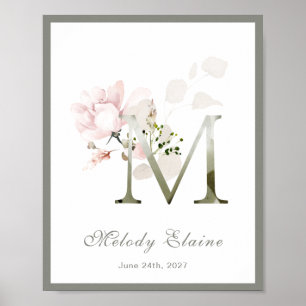 Letter M Monogram Pink White Floral Nursery Poster