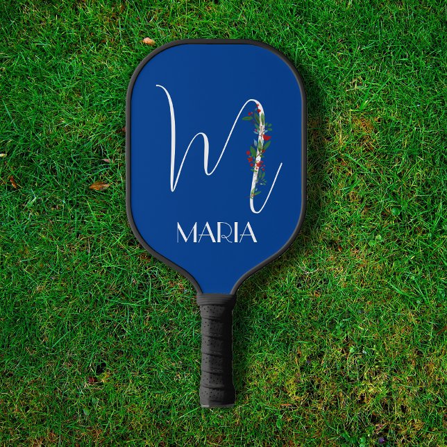 Letter M monogram red watercolor mum blue Pickleball Paddle (Creator Uploaded)