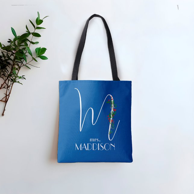 Letter M monogram red watercolor teacher blue Tote Bag (Creator Uploaded)