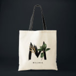 Letter M Monogram | Tropical Leaves Bridesmaid Tote Bag<br><div class="desc">Customisable letter M monogram tote bag featuring watercolor tropical palm leaf,  faux gold foil leaf and black watercolor brush accents. Personalise this tropical monogram tote bag by adding your name or other details. This boho letter M monogram bag will be perfect as a gift. Other letters are available.</div>