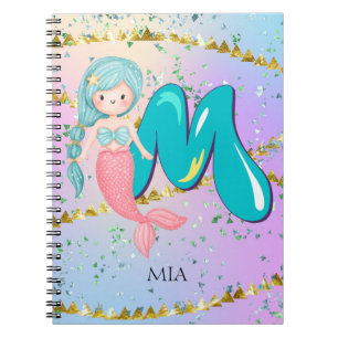 Letter M Monogram Watercolor Cute Mermaid Nursery Notebook