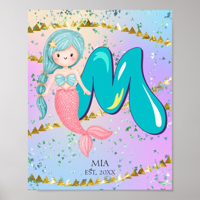 Letter M Monogram Watercolor Cute Mermaid Nursery Poster (Front)