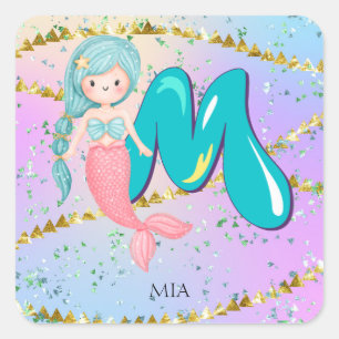 Letter M Monogram Watercolor Cute Mermaid Nursery Square Sticker