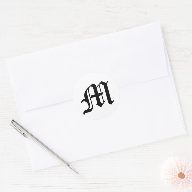 Letter M Old English Text on White Background Classic Round Sticker