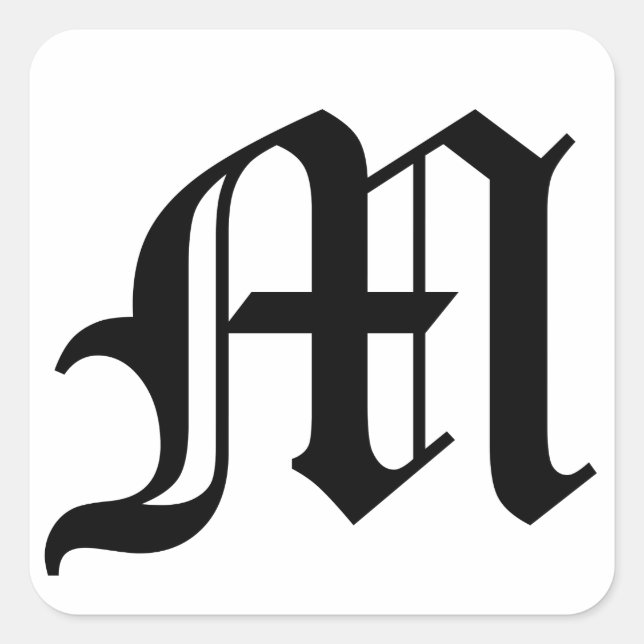 Letter M Old English Text on White Background Square Sticker (Front)