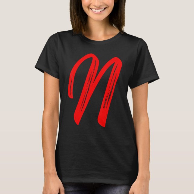 Letter N Alphabet Large Red Graphic Initial T-Shirt (Front)